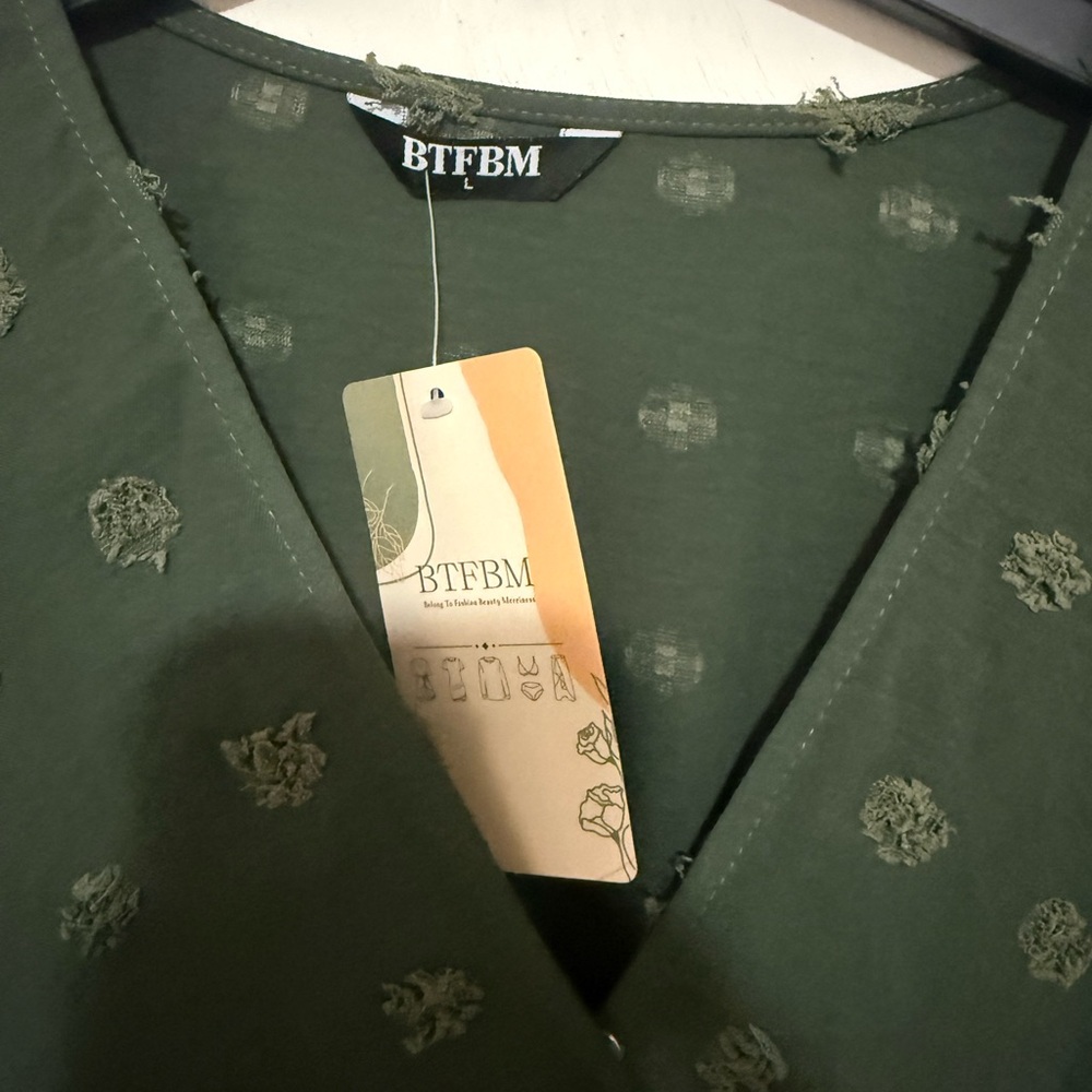 BTFBM V-Neck Swiss Dot Boho Flowy Ruffle Slit Maxi Cocktail Dress Green Size L - Picture 5 of 5